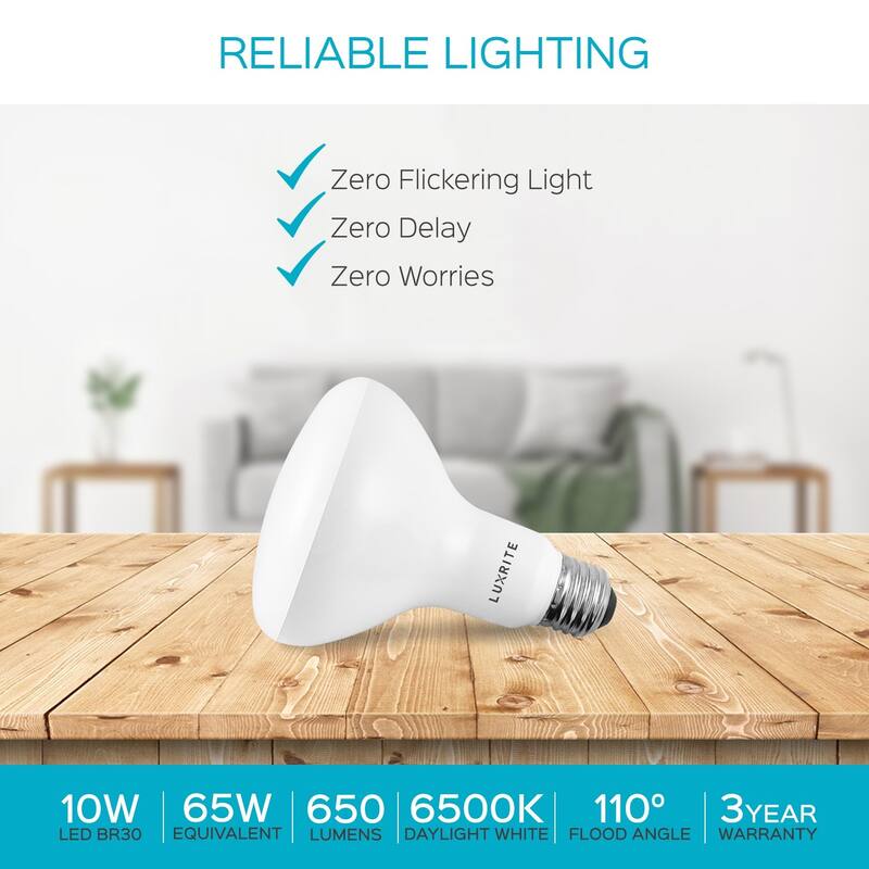 Luxrite BR30 LED Flood Light Bulb Dimmable 650 Lumens 9W=65W E26 Base Energy Star UL Listed Damp Rated 4-Pack