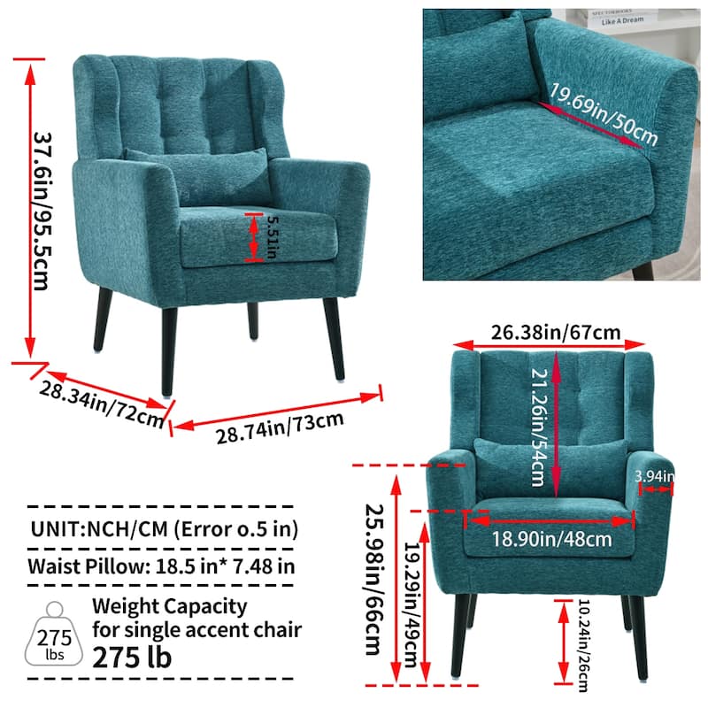 Chenille Modern Accent Chair with Wooden Legs and Mid-Century Lounge Chair (275lb Capacity)