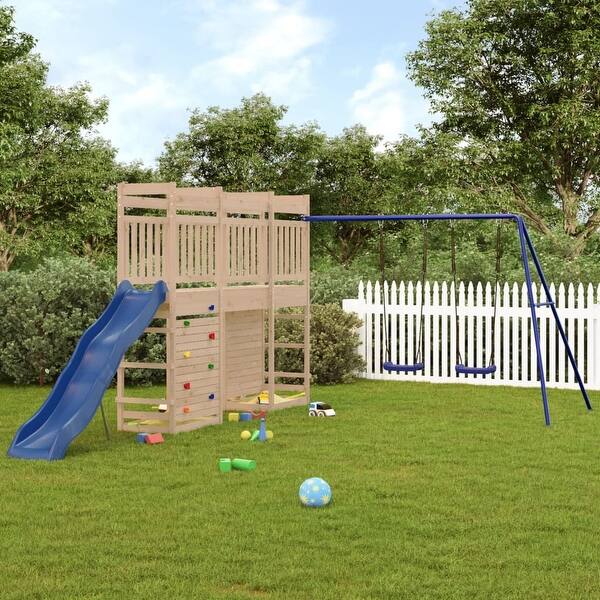 slide 2 of 21, vidaXL Swing Set Outdoor Backyard Wooden Playground Equipment for Kids Age 3-8 124.4" x 210.2" x 81.5" Pine