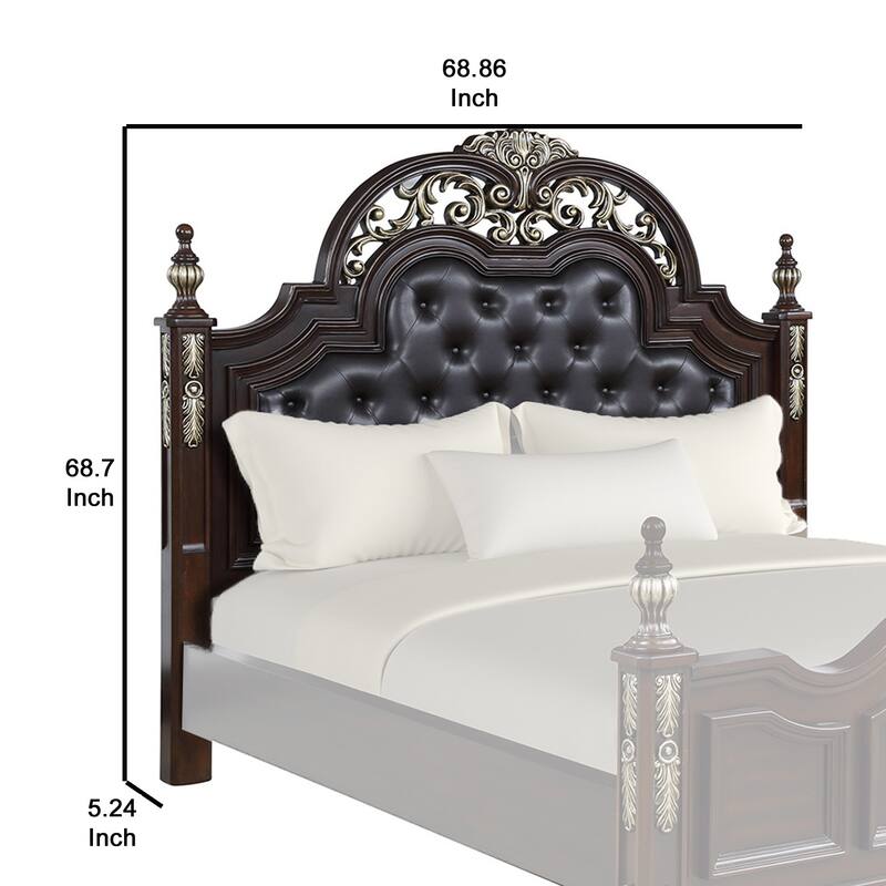 Leatherette and Wood Queen Headboard with Carving and Mirror Inlay, Brown