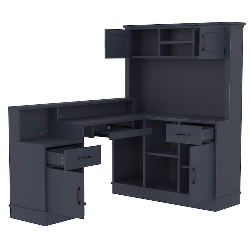Roomfitters L-Shaped Computer Desk with Power Outlets, Corner Workstation with Hutch and Drawers