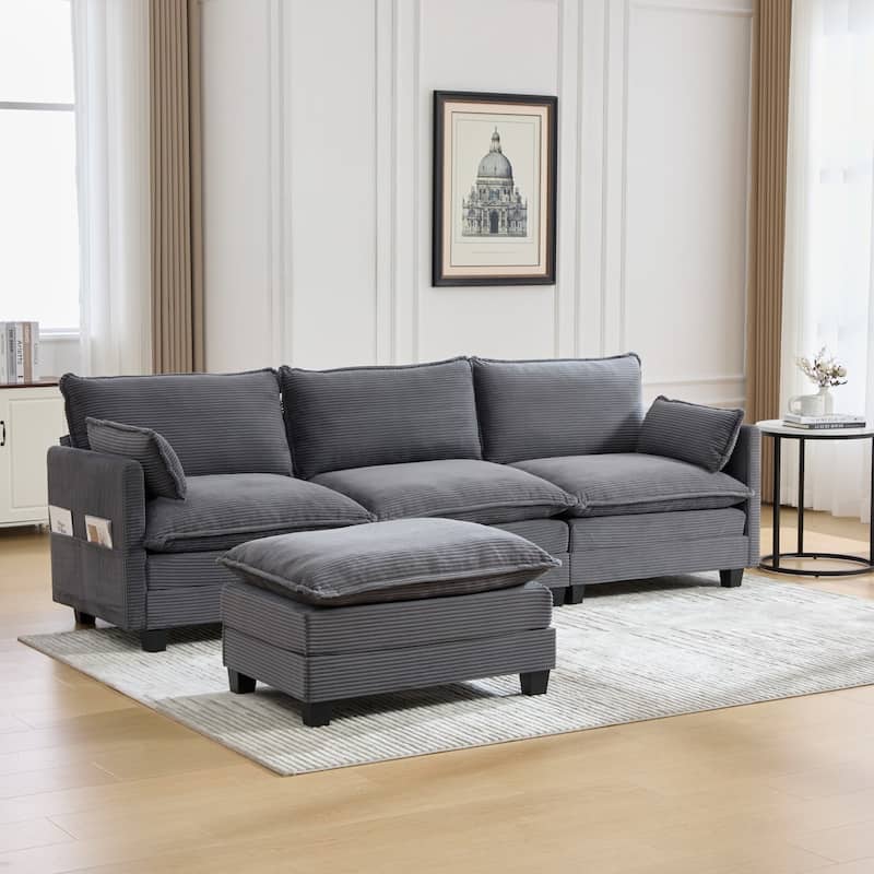 102.95" L-Shaped Corduroy Sectional Sofa with Movable Ottoman