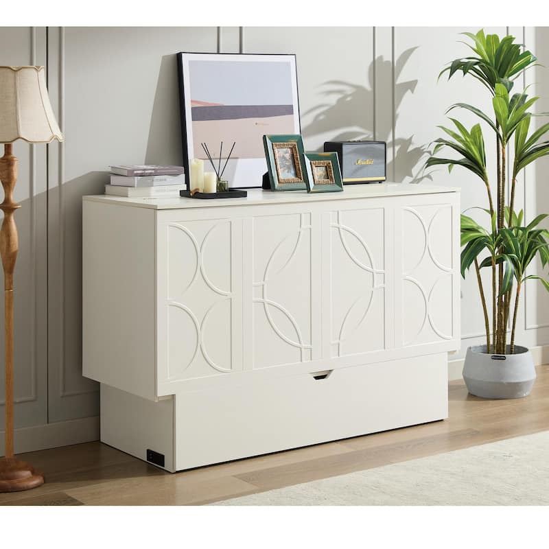 Queen Size Space-Saving Cabinet Bed with Storage, Folding Mattress, USB Ports, and Drawers