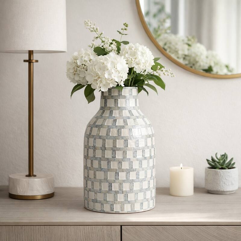 Mosaic Capiz Vase with Checkered Pattern - Tall Flower Vase