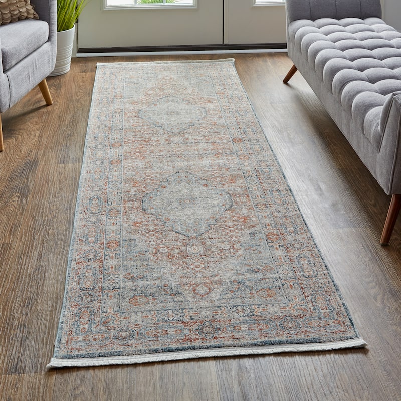 Gilford Rustic Persian Farmhouse Rug, Denim Blue/Rust, Accent Rug