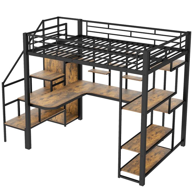 Black Full Size Metal Loft Bed with Storage Staircase and Small Wardrobe, Built-in Desk and Storage Shelves
