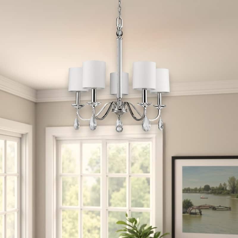 HomeRoots Silver Candle Style Five Light Metal and Crystals Dimmable Chandelier With White Shades - 23' X '23.75' X '23 - 23' X '23.75' X '23