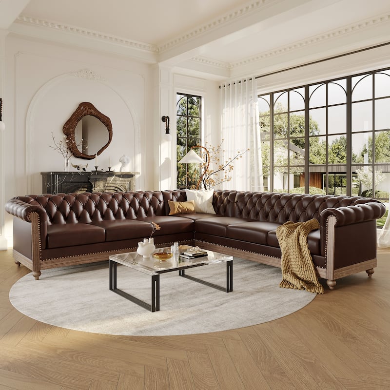 Castalia Chesterfield Tufted 7-seat Sectional Sofa by Christopher Knight Home - 114.00" L x 70.00" W x 31.50" H - Dark Brown + Natural