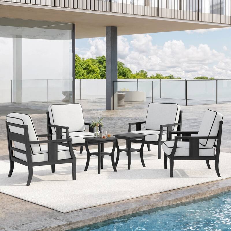 6-Piece Outdoor Teak Seating Set Armchair Patio Conversation Sets with 2 Tables, Cushion - Dark Wood - Beige