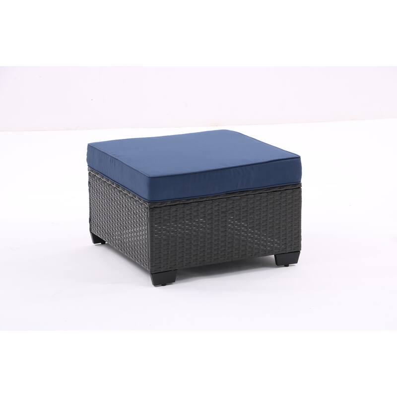 Modern Patio Sectional Couch Furniture Set,Coffee Rattan Sofa Set with Corner Chairs,Ottomans and Glass Top Table,Blue Cushions