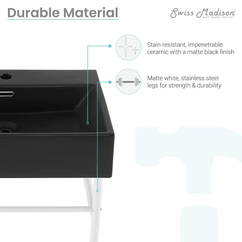 Reims 24 Ceramic Console Sink Matte Black Basin Matte White Legs - 16.55" x 35.45" 24"