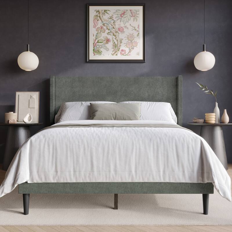 Clayfell Bangor Upholstered Wingback Platform Bed, Linen, No Box Spring Required - Full - Grey