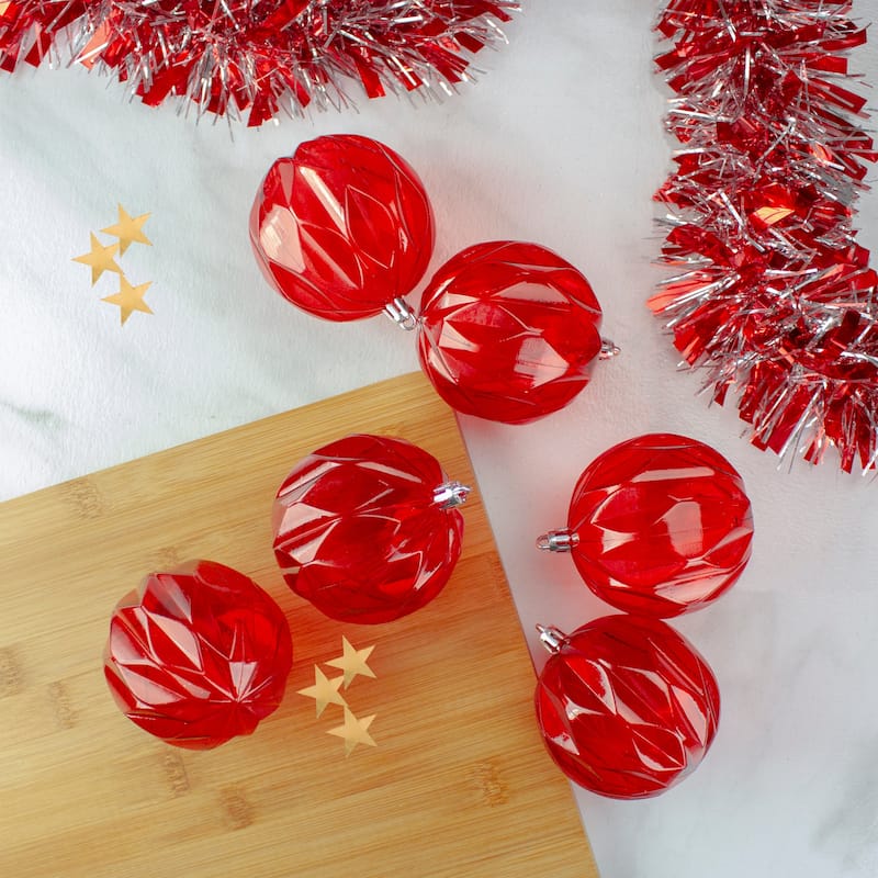 Set of 6 Red Rhombus Cut Shatterproof Christmas Ball Ornaments 3"