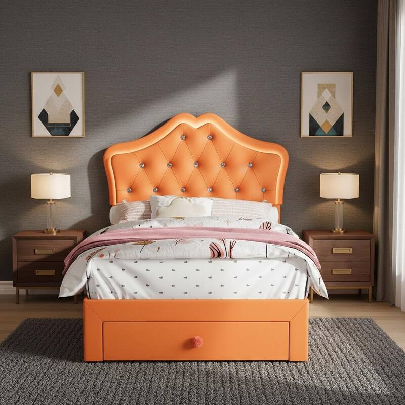 Bed Frame, with LED Lights and Storage Drawer - Orange