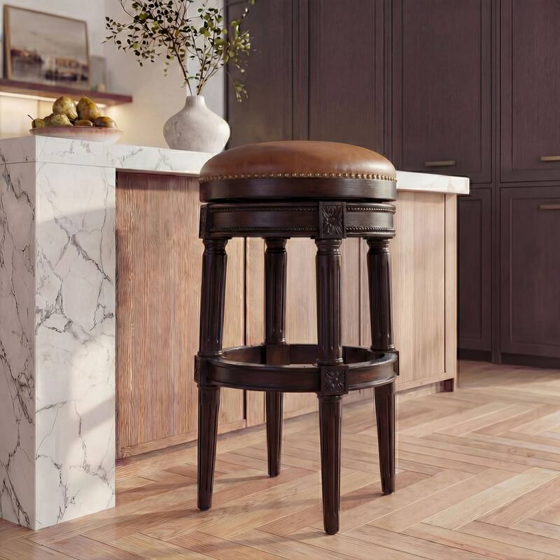 New Ridge Home Goods Chapman Backless Swivel 31"H Bar-Height Stool - Walnut/Vintage Caramel Seat