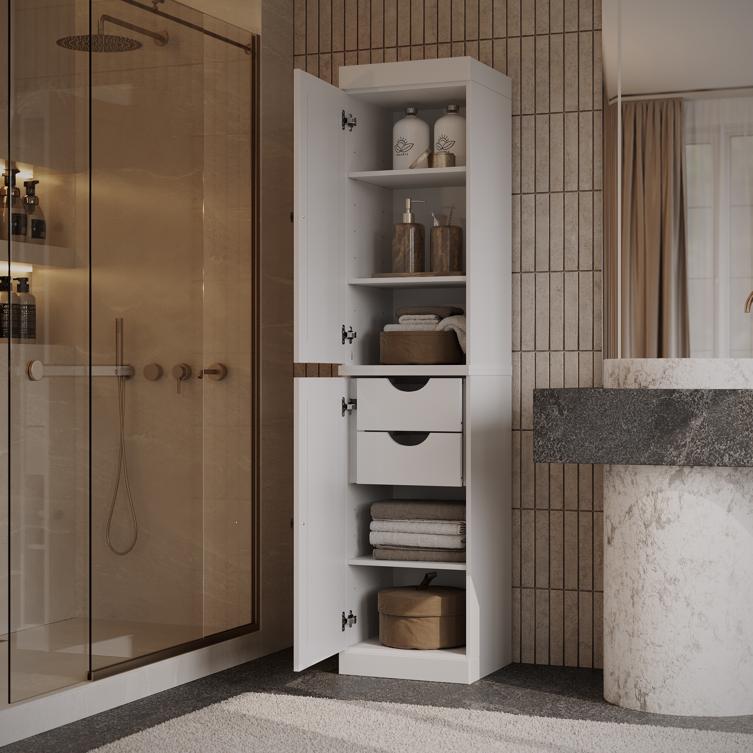 Palace Imports 100% Solid Wood Tall Narrow Raised Panel Bathroom Storage Cabinet, 16.5" W, 2 Drawers, 71.5" H