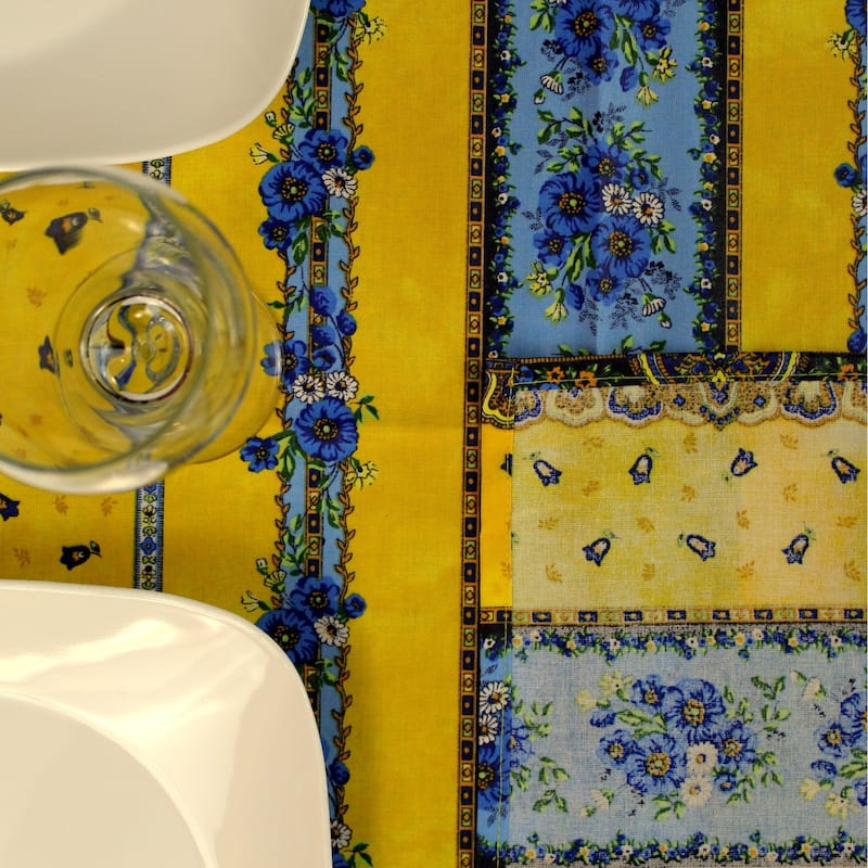 Wipeable Spill Resistant Provencal Cotton Cannes Collection Tablecloth - 52 x 52 in - Yellow Floral Stripes