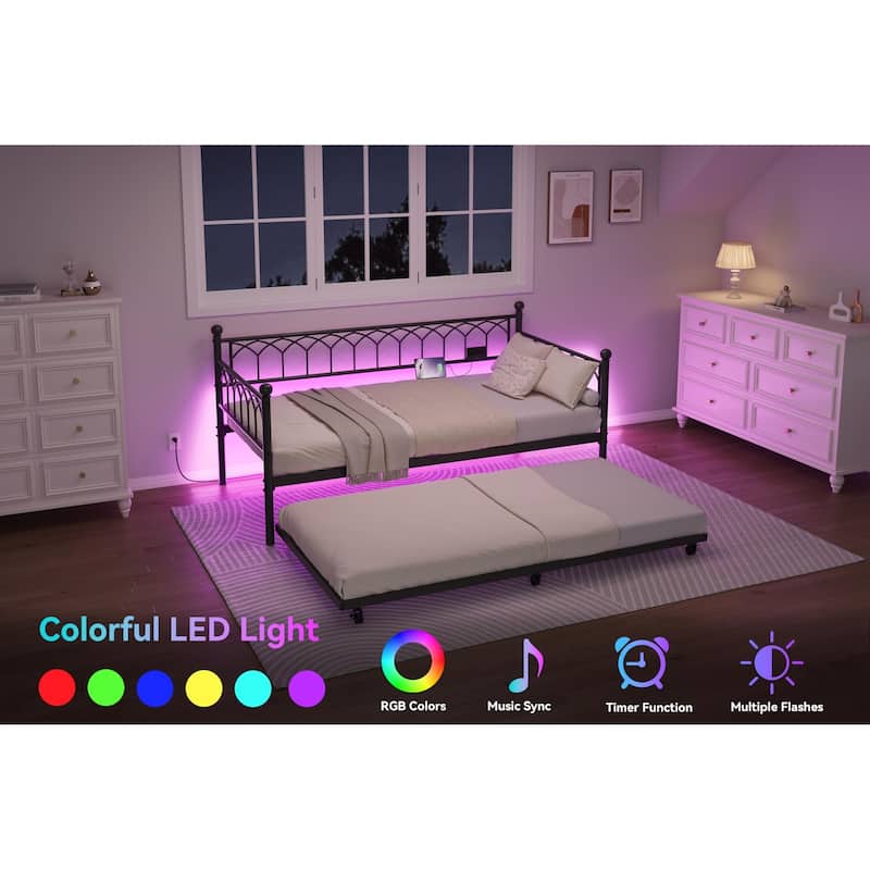 Heavy Duty Metal Platform Sofa Bed Frame, with Charging Station and LED Lights