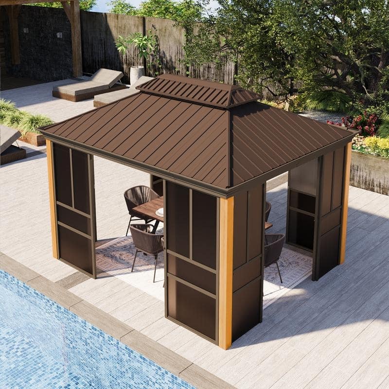 Outdoor Hardtop Sunroom Gazebo with Double Roof & Sliding Doors, All-Season Aluminum Outdoor Pergola, PE Screens&Lockable Design