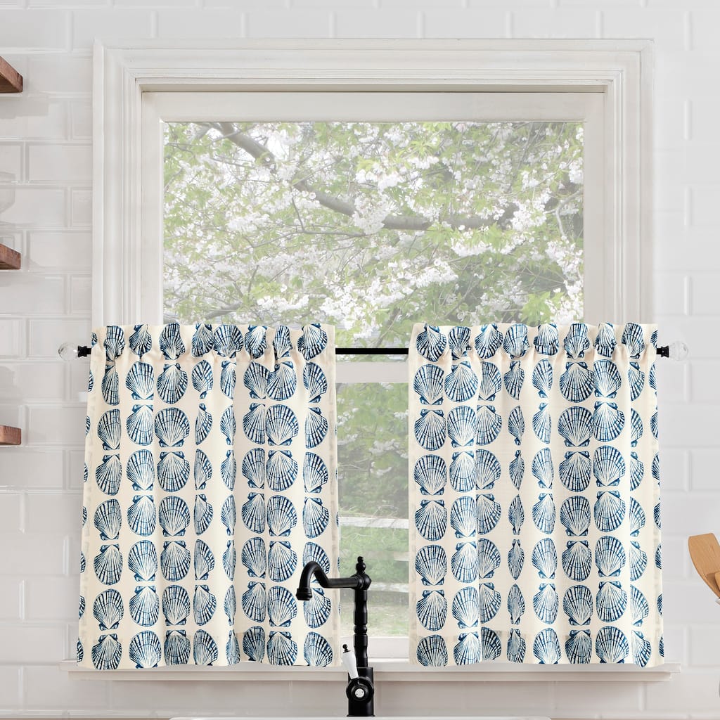 No. 918 Sandbar 2-Piece Tonal Seashell Print Semi-Sheer Rod Pocket Kitchen Curtain Tier Pair
