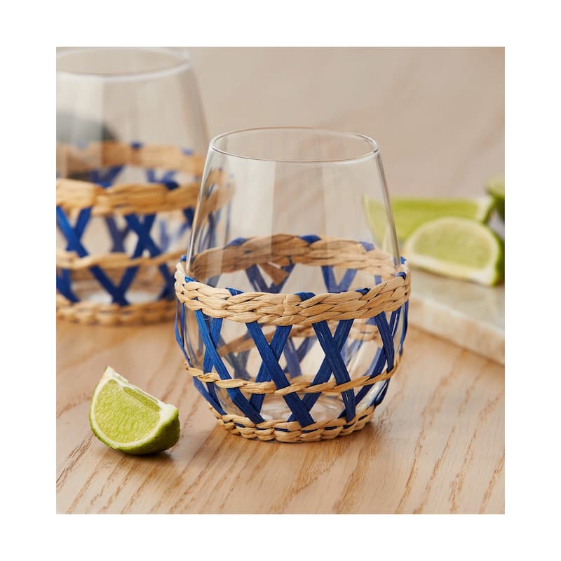 16 oz.Island Clear Glass with Blue Straw Sleeve Dishwasher Safe Beverage Glassware Dinner Party Wedding Resturant