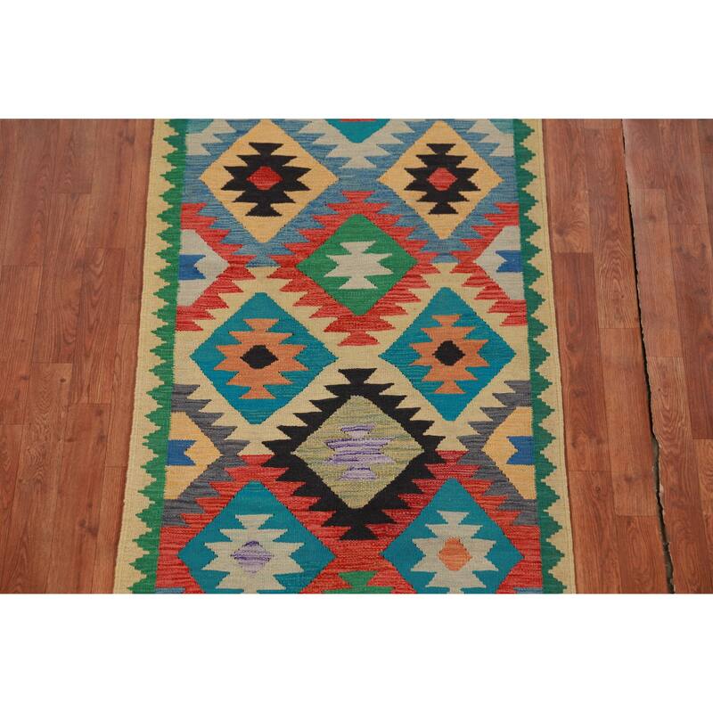 Hand Woven Oriental 100% Wool Carpet Southwestern Geometric Multi-Colored Kilim Runner Rug - 13' 0'' X 2' 10''