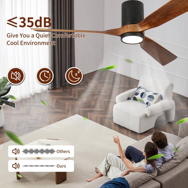 60 in. LED Indoor/Outdoor Flush Mount Matte Black Ceiling Fan with Wood Blades, 6-Speed DC Remote Control