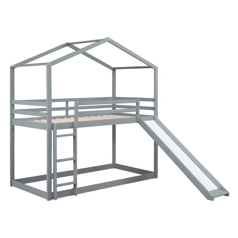 Twin Over Twin Bunk Bed with Roof, Slide and Ladder, Espresso