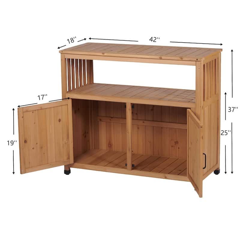 Outdoor Patio Storage Cabinet with Slatted Cedar, Wooden Patio Bar Table, Buffet Cabinet Sideboard Console Table