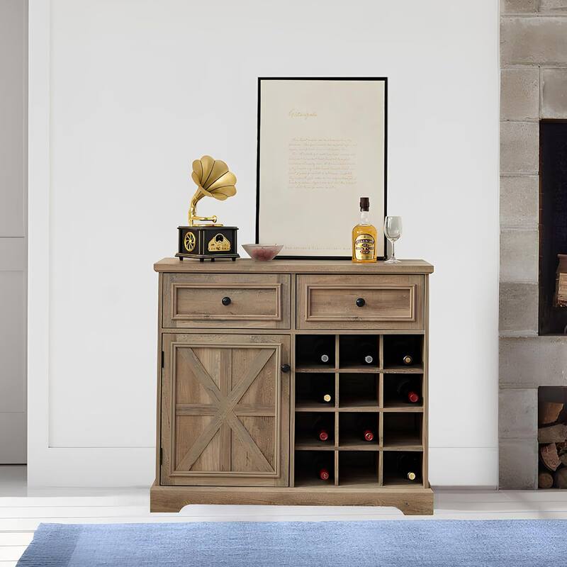 Roomfitters Farmhouse Buffet Cabinet with Storage Sideboard with 2 Drawers, Wine Bar Cabinet with Removable Wine Racks Storage