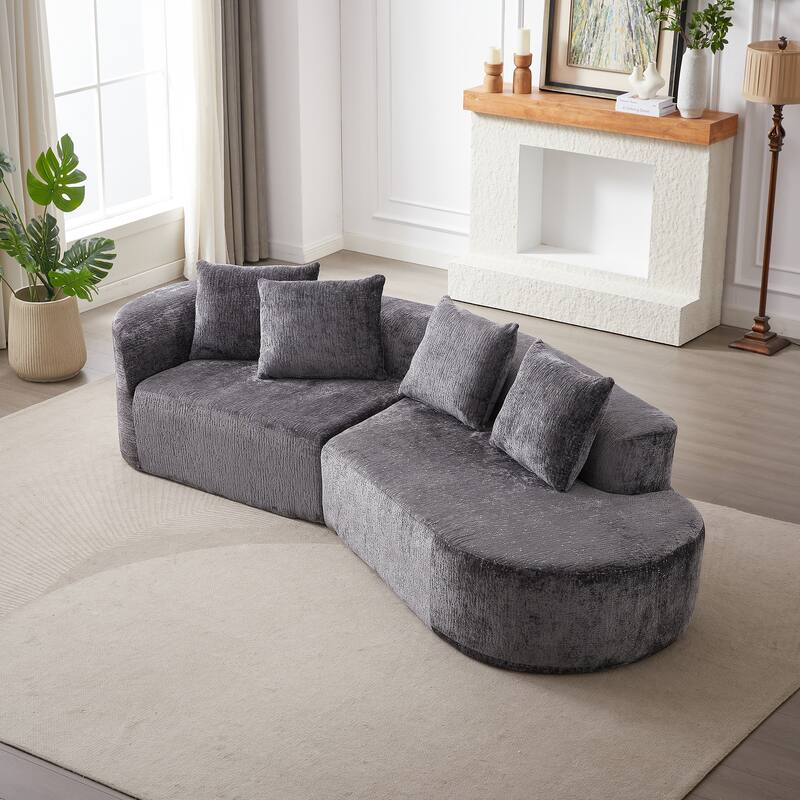 Curved Upholstered Loveseat Sofa Chenille Cloud Couch 4-Seater Chaise Lounge with 4 Throw Pillows for Living Room Recliner