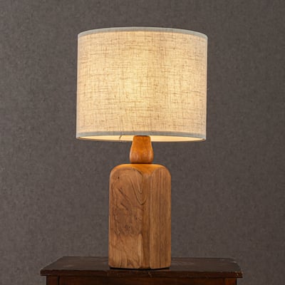 CraftHome Traditional Farmhouse Natural Solid Wood Table Lamp with Beige Fabri Drum Shade for Bedroom Living Room