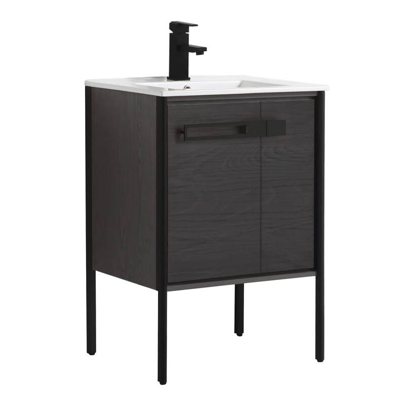 Fine Fixtures Oakville Bathroom Vanity with White Ceramic Sink - 24 Inch - Black Coal Oak - Black Hardware