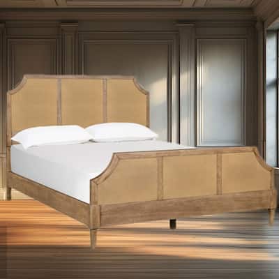 Elegant Queen Platform Bed with Woven Cane Panels and Turned Legs in Toasted Almond Wood Finish