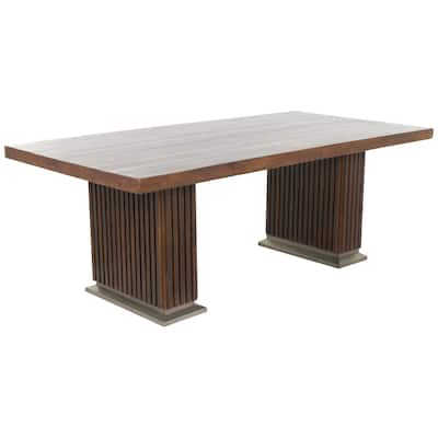 Mango Wood Mid Century Modern Dining Table with Ribbed Legs and Silver Bases - Brown - Roche River Decor - 42"W x 84"L x 30"H