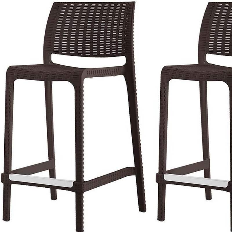 HomeRoots Set of Four 26" Brown Faux Rattan Heavy Duty Plastic Low Back Outdoor Counter Height Bar Chairs
