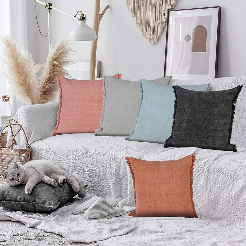 Sevita Light Blue Solid Stonewash Throw Pillow with Fringe