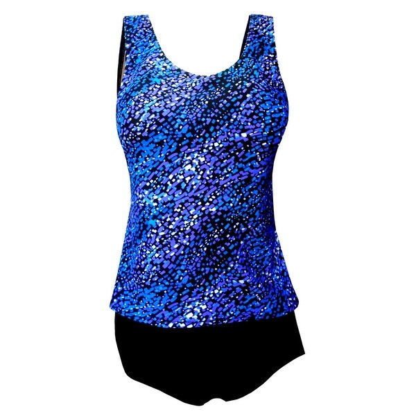 Tank Strap Tankini Top with Black Brief in Blue Tiled Mosaic Print