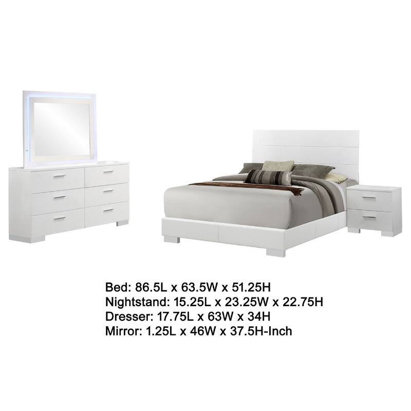 Sok 4pc Queen Bedroom Set, Blue LED Lights, Chrome Metal, White Wood