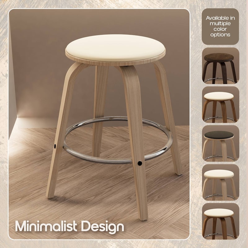 Leather Counter Stool Swivel Round Seat Poplar Wood Frame Iron Foot Rest