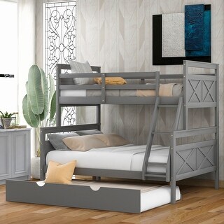 Gray Twin Over Full Wood Bunk Bed with Twin Trundle, Guardrail, Ladder ...