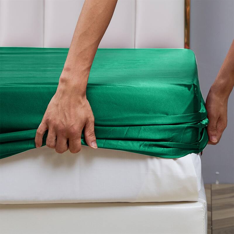 Silky Satin Bed Sheets Set Pillowcase Deep Pocket Flat Fitted Sheet