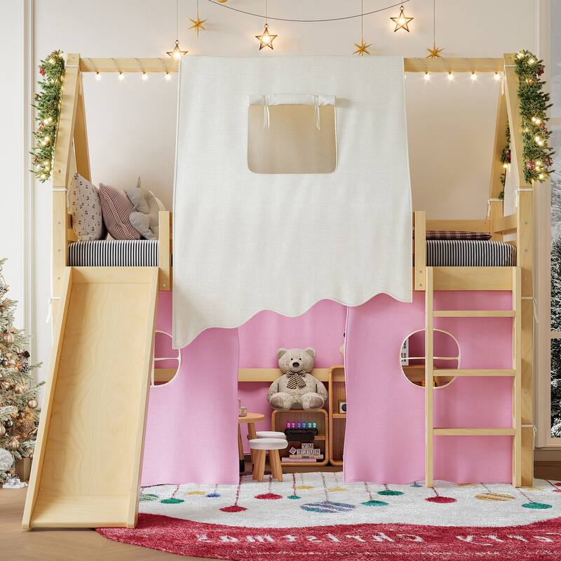 Fairytale Loft Bed Wooden House Bed with Tents, Light Strip and Slide - Pink - Twin