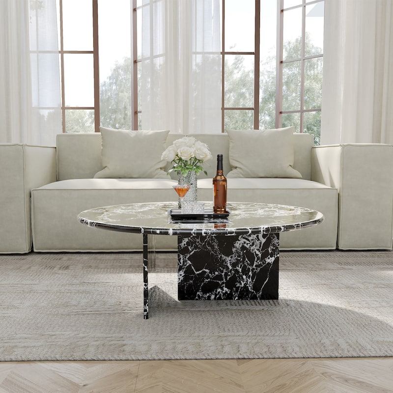 35.43"Modern Round Coffee Table,Glossy Faux Marble Table top - Black