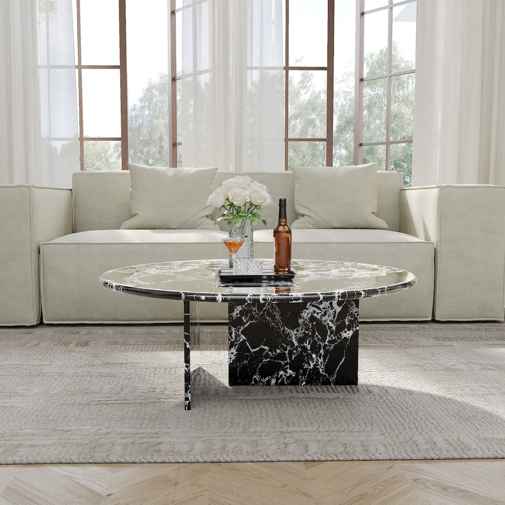 35.43"Modern Round Coffee Table,Glossy Faux Marble Table top