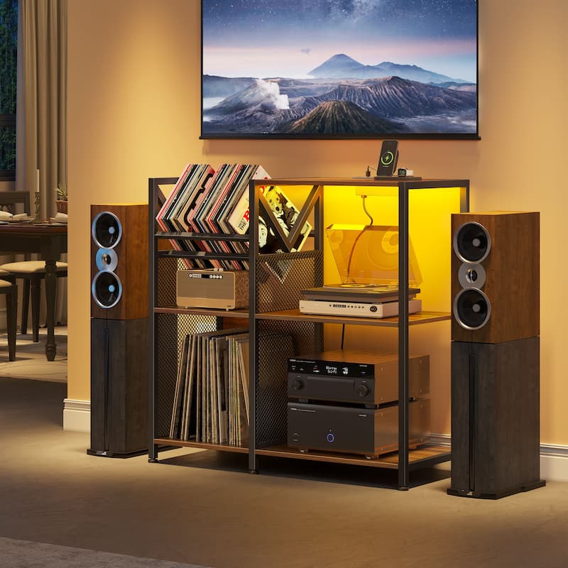 3 Tier Record Player Stand DVD/ CD Media Storage Cabinet with Power Outlets