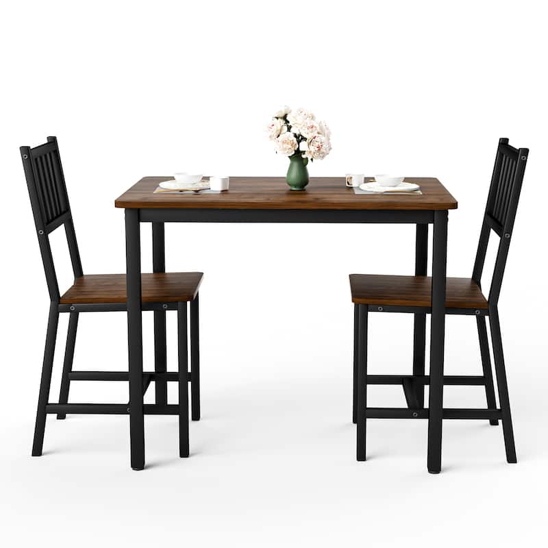 Anmytek Industrial 3 Piece Dining Set Walnut Wood Table with 2 Chairs Space Saving Breakfast Bar for Kitchen and Small Spaces