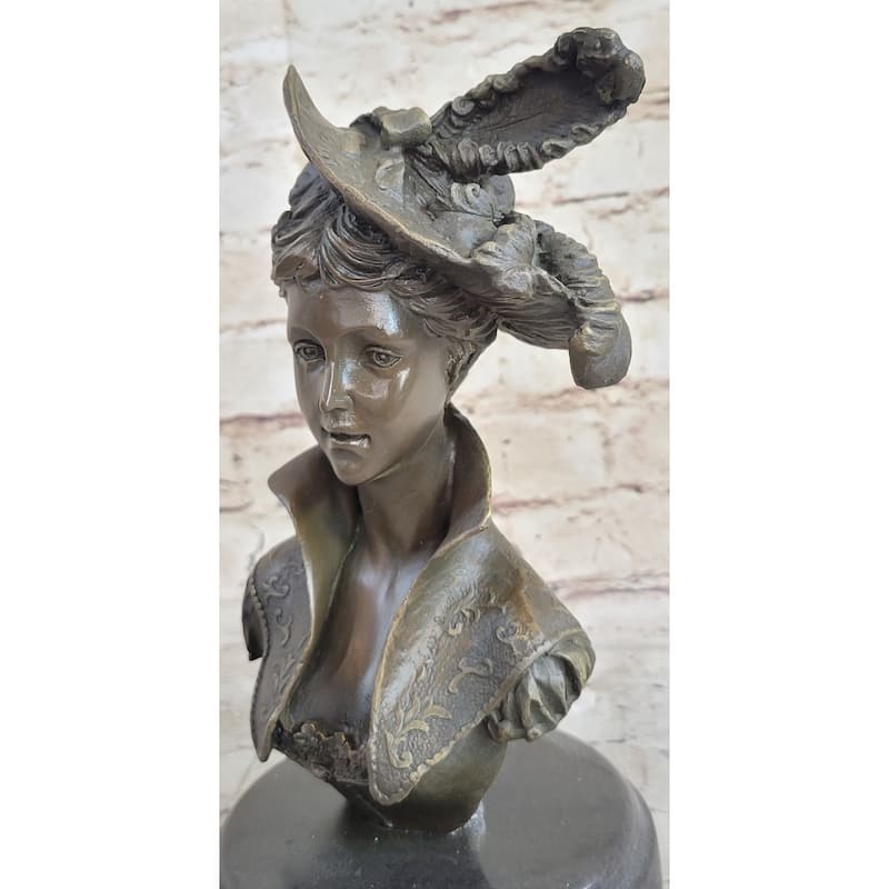 Elegant Girl With Dress Hat Bronze Sculpture Statue Art Deco Marble Base Figure