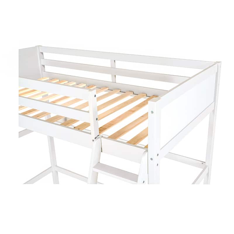 Modern Simple Style Twin Size Solid Pine Wood Loft Bed with Full Length Guardrail and Inclined Ladder