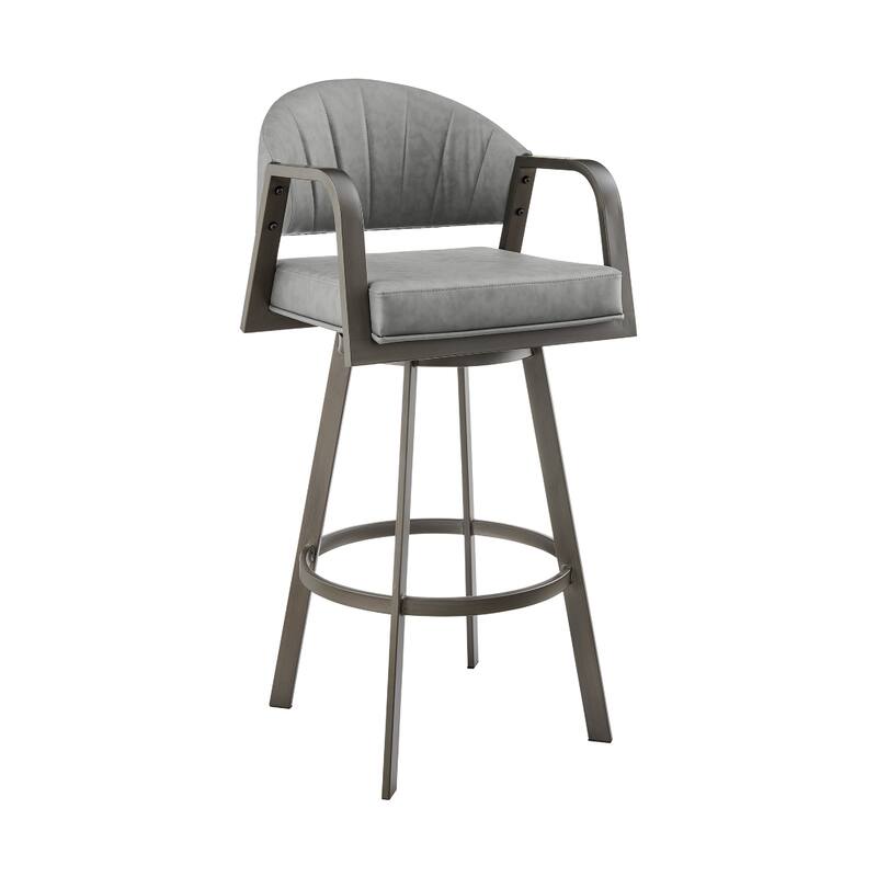 Marcy Swivel Barstool Chair, Gray Channel Tufted Faux Leather